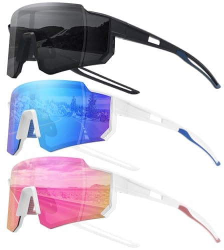 STORYCOAST Sports Running Sunglasses for Men Women Cycling Driving Fishing Bike Sunglasses Polarized UV400 Protection 3Pack Matte Black/Gray+White/Blue+White/Pink