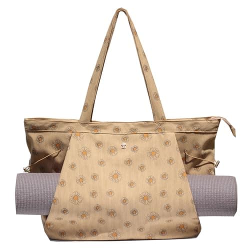 ESVAN Corduroy Yoga Tote Bag Gifts for Women Drawstring Yoga Mat Bag for Office Workout Travel Carryall Pilates Gym (Brown Flower)