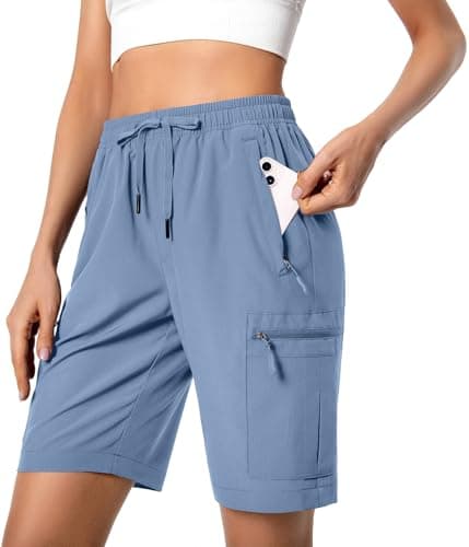 Hugut Women's Lightweight Hiking Cargo Shorts Quick Dry Athletic Shorts Camping Travel Golf Zipper Pockets Water Resistant Stone Blue