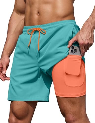 COOFANDY Men's 7" Swim Trunks with Compression Liner Stretch Swimming Shorts with Zipper Pockets 2026 Teal Turquoise