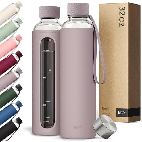 KIVY Glass Water Bottle with Silicone Sleeve 32 oz [WITH MEASUREMENT] - Borosilicate Glass Water Bottle Screw Top - Clear Bottles with Measurement Marking - Slim Waterbottle Aesthetic - Taupe