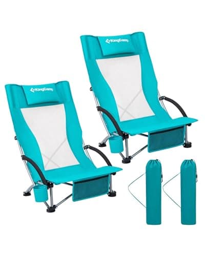 KingCamp Low Beach Chairs 2 Pack, Folding Portable Chair for Adults lightweight Extra Wide Ergonomic High Back Seat 300lbs Heavy Duty Oversized Gear with Carry Bag for Outdoor Lawn Camping Picnic