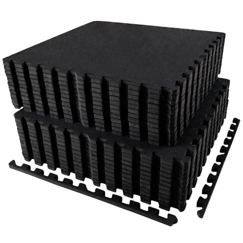 AIRHOP 0.56in Thick 96 Sq Ft Exercise Equipment Mats, 24 Tiles Upgraded Rubber Top with High Density EVA Foam, Large Interlocking Puzzle Gym Flooring for Home Gym, Heavy Weight Workout,Black