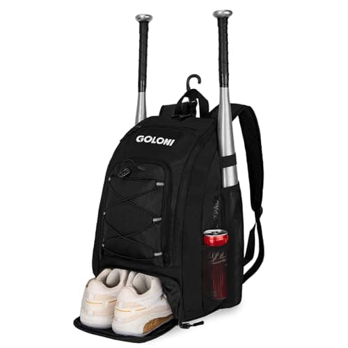 Goloni 40L Baseball Bag, Softball Bat Bag with Shoes Compartment,Fence Hook,Backpack for Baseball, T-Ball & Softball Equipment & Gear,Black