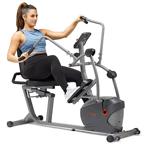 Sunny Health & Fitness Elliptical Recumbent Cardio Bike, Cross Trainer Cycle for Indoor Arm/Leg Home Exercise, Dual Stationary Handlebars Plus Easy Access Seat for Adults & Seniors w/App Connection