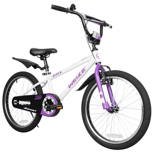 WEIZE Kids Bikes,20 Inch Boy's Bike for Kids,BMX Style Bicycle for Boys Girls Ages 6-12 Years Old,Kids Bicycle with Adjustable Seat,Training Wheels,Front and Rear Fender,White