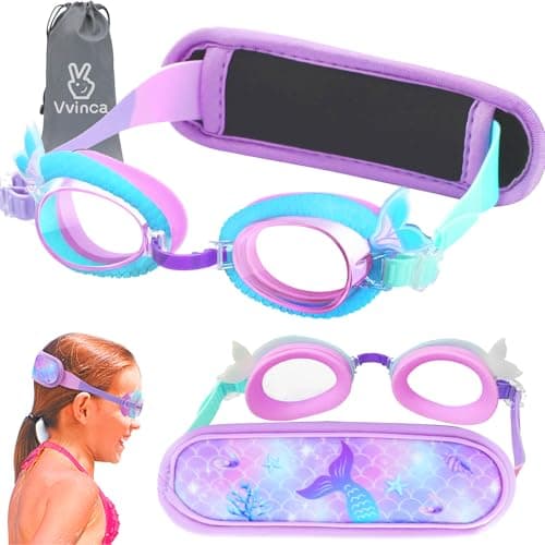 Vvinca Kids Swim Goggles with Pain-Free Fabric Strap Cover, No Hair Pulling, Anti-Fog Swimming Goggles UV Protection No Leaking for Toddlers Kids Girls Boys Age 3-8(Purple)