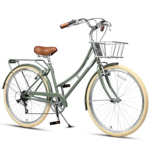 AVASTA Vela Women's 26" Hybrid Bike, Basket, Army Green, Cream Tires