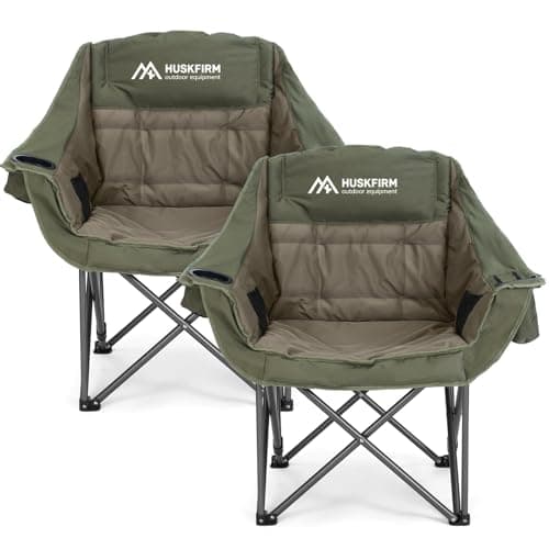 Huskfirm 2 Pack Camping Chairs Oversized Padded Camping Chair Heavy-Duty Foldable Camping Chairs with Cup Holder and Cooler Bag Portable Lawn Chair for Sports Outdoors-Support 450LBS,Green