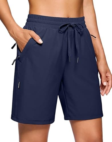 SANTINY Women's 7''/ 9'' Hiking Shorts with 3 Zipper Pockets Lightweight Quick Dry Long Athletic Golf Shorts for Women Casual (Navy_L)