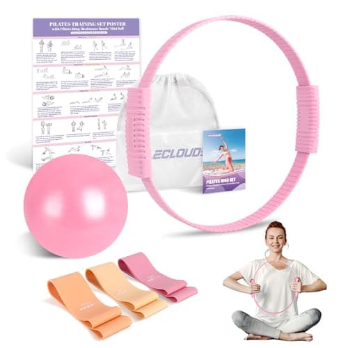 Paleclouds Pilates Essentials Kit for Women, 13.5" Pilates Ring and Ball Set with Resistance Bands for Home Workouts, Portable Pilates Kit with Bag & Training Poster for Full Body Exercise (Pink)