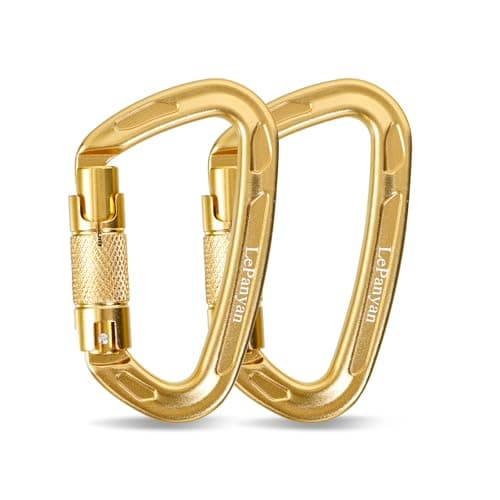 Auto-Locking Climbing Carabiners 24KN (5400 lbs), 2 Pack Triple Action Screw Lock Carabiners with Keylock Gate for Rock Climbing, Rescue, Hammock, Work at Height（Golden