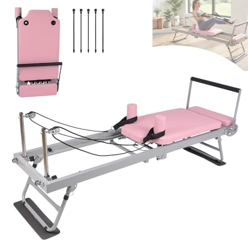 Pink Foldable Pilates Reformer Machine for Home Gym, Professional Workout Equipment with 5x18lb Springs for Beginners & Advanced Users,Quiet Home Pilates Equipment