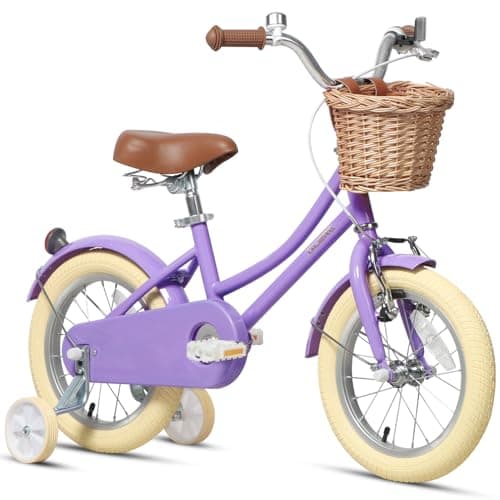 Glerc ‎Little Molly 14 Inch Kids Bike, Retro Cruiser Girls Bike for Children Ages 3-5 Years Old, Kids Bicycle with Wicker Basket & Training Wheels, Purple