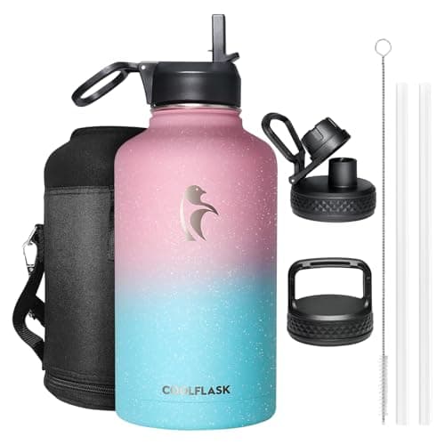 64 oz Water Bottle Insulated with Straw&3 Lids, Coolflask Half Gallon Water Jug Galaxy Large Metal Stainless Steel Vacuum flask for Gym, Sports and Travel, Keep Cold 48H Hot 24H, Blooming Cherry