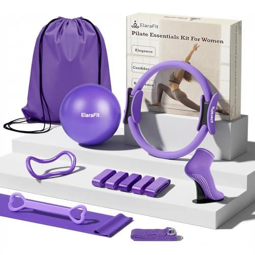 ElaraFit 13 Piece Pilates Kit for Women, Home Pilates Ring and Ball Set with 5 Resistance Bands, Stretch Strap, Arm Exerciser, Grip Socks, Storage Bag and Workout Guide, 13 Inch Magic Circle, Purple