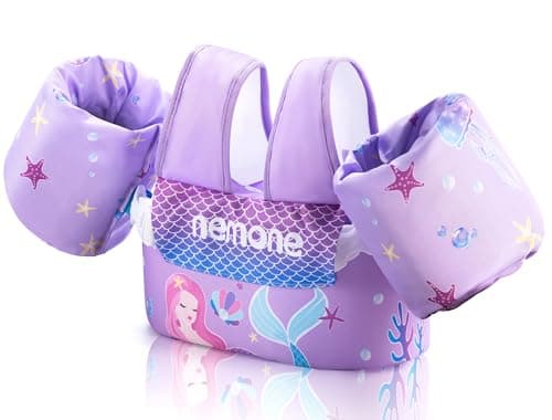 NEMONE Toddler Swim Vest for 22-70 lbs Kids Floaties Swim Jacket with Arm Water Wings for Girls Boys 2 3 4 5 6 10 Years Old Sea Beach Pool (Purple Mermaid)