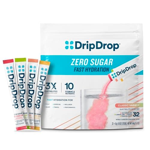 DripDrop Sugar Free Hydration Packets - Zero Classic Variety Pack - Single Serve Electrolytes Powder Drink Mix - Lemon Lime, Watermelon, Peach, Passion Fruit - Non-GMO, Gluten Free, Vegan - 32 Sticks