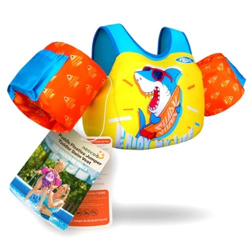 AEOCOO Puddle Float Jumper 20-30-50 Pounds, Toddler Swim Vest for 1-3-5 Years Old, Pool Floats with Swimming Arm Floaties Swim Jacket with Water Wings for Kids Swimmies, Boys, Girls, Niños, Shark