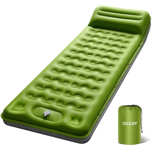 OGERY Sleeping Pad, Ultralight Inflating Sleeping Pad for Camping with Pillow Built-in Foot Pump, 6" Extra-Thick Reinforced Camping Pad for Hiking, Backpacking, Tent, Single,Green