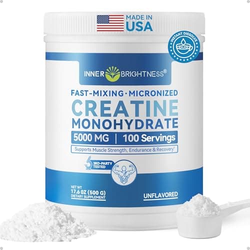 Inner Brightness Creatine Monohydrate Powder - 600-Mesh Micronized Creatine Supplement, 3rd Party Tested, Gentle on Stomach for Muscle Growth & Strength, Unflavored, 100 Servings
