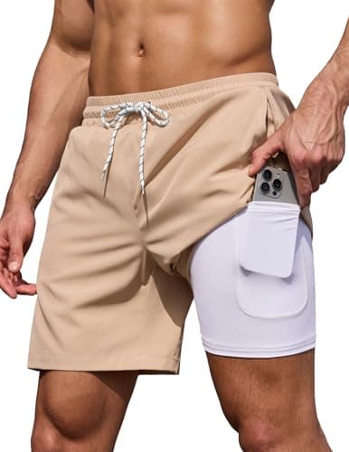 COOFANDY Men's Swimsuit with Compression Liner 7 Inch Inseam Swim Suits Beach Vacation Swim Trunks Khaki Tan