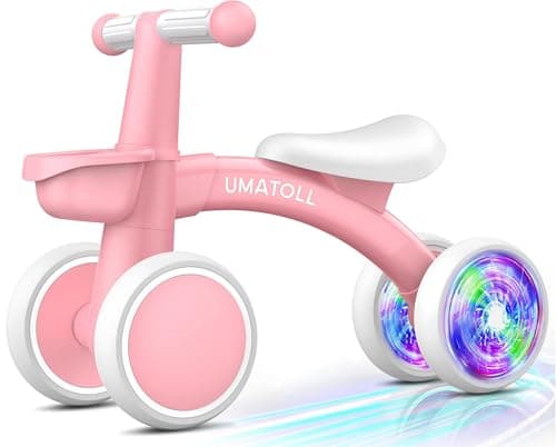 Umatoll Colorful Lighting Baby Balance Bike Toys for 1 Year Old Girl Gifts, Adjustable Seat, First Birthday Gifts, 12-24 Months Toddler Bike, New Pink