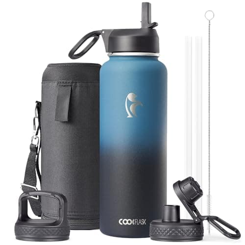 Water Bottle 40 oz Insulated with Straw, Coolflask Stainless Steel Metal 3 Lids Water Flask for Sports or Office, Keep Cold 48H Hot 24H, Samurai Cyan