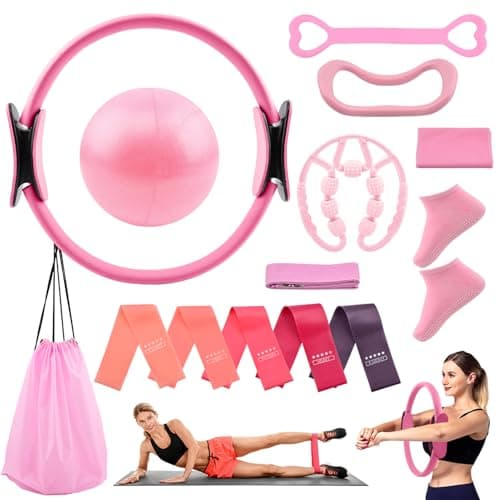 Yonderfume Pilates Essentials Kit for Women, 14 Pcs Home Workout Equipment with Pilates Circle Ball Ring Set Resistance Bands and Anti Slip Sock, Yoga Pilate Essentials Accessories(Color:Pink)