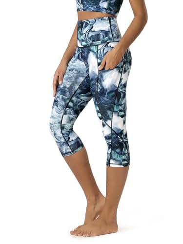 ODODOS Women's High Waisted Pattern Yoga Capri Leggings with Pockets, Tummy Control Non See Through Sports Athletic Workout Running Capris, CrosstalkNavy, XX-Large