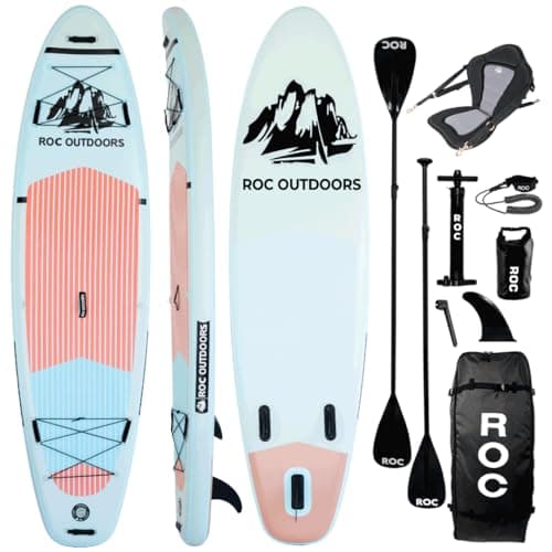 Roc Inflatable Stand Up Paddle Board with Premium SUP Paddle Board Accessories, Wide Stable Design, Non-Slip Comfort Deck for Youth & Adults (Cloud W/Kayak Seat)