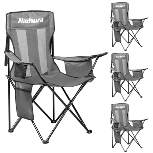 Nazhura 4 Pack Outdoor Camping Chairs Folding/Foldable/Portable with Cooler Pouch, Mesh Backrest and Cup Holder Pocket (Grey, Metal, 4 Pack)
