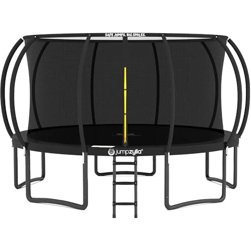 JUMPZYLLA Trampoline Outdoor 8FT 10FT 12FT 14FT 15FT 16FT with Enclosure and Ladder, ASTM Approved Recreational Trampoline for Kids and Adults, Anti-Rust Coated Frame (Black, 16FT)
