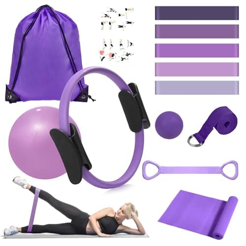 Pilates Equipment for Women Home Workout, Pilates Kit Ring and Ball Set with Pilates Ring, Resistance Bands, Massage Lacrosse. Full-Body Fitness Set for Toning Arms, Thighs Legs & Core, Purple