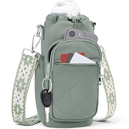 SYTRAH Water Bottle Carrier Bag with Strap, Water Bottle Purse with Phone Pocket 40oz, Insulated Crossbody Bags for Walking Hiking Antique Green