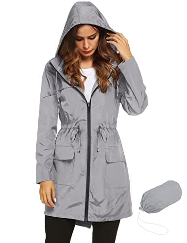 LOMON Women's Lightweight Hooded Raincoat Active Waterproof Outdoor Hiking Jacket Waist Drawstring Grey L