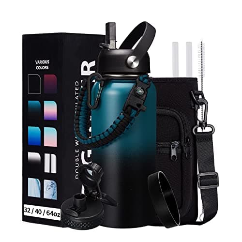 32/40/64/128 oz Insulated Water Bottle with straw & Spout Lids Keep Cold 48H Hot 24H, Large Water Flask Bottle with Shoulder Carrier Bag, Paracord Handle & Boot for Gym, Workout & Beach