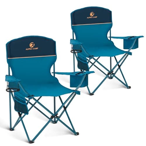 ALPHA CAMP Camping Chairs 350LBS Capacity, Heavy Duty Folding Chair with 4-Can Cooler Bag, Portable Outdoor Chair with Cup Holder for Adults, Collapsible for Tailgating, Beach, Fishing,Black,Blue