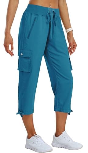 MoFiz Womens Capris with Pockets Loose Fit Casual Capri Pants Dressy Lightweight Ladies Baggy Cargo Pants for Hiking Blue XL