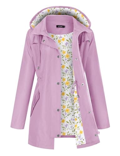 LOMON Women Rain Jacket Waterproof Hooded Jackets Women Printed Lined Trench Coats Outdoor Hiking Raincoat(Light Purple Floral Lining XL)