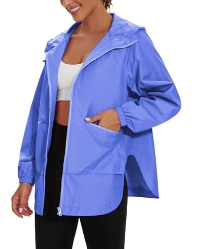 Women's Raincoats Lightweight Waterproof Windproof Adjustable Windbreaker Rain Jackets Hooded with Pockets S-XXXL, Light Blue, Medium