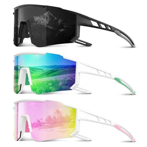 Foliful 3 Pack Polarized Sports Sunglasses Men Women, Running Mens Sunglasses UV Protection for Baseball Cycling Fishing, Grey/Pink/Green