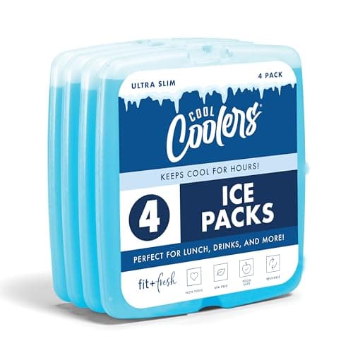Cool Coolers By Fit & Fresh 4 Pack Slim Ice Packs, Quick Freeze Space Saving Reusable Ice Packs for Lunch Boxes or Coolers, Blue
