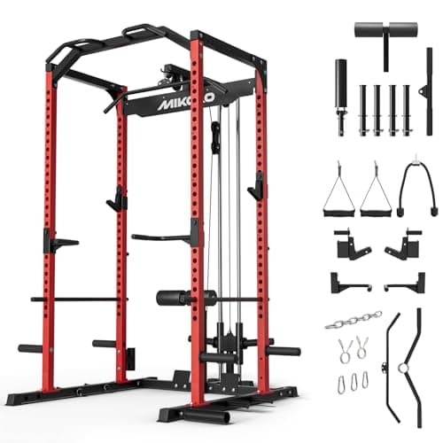 Mikolo F4 2.0 Power Cage with Dual-Track Smooth Pulley System, 1200LBS Power Rack with Leg Hold-Down for Heavy LAT Pulldowns, All-in-One Squat Rack with More Training Attachments for Home Gym (Red)