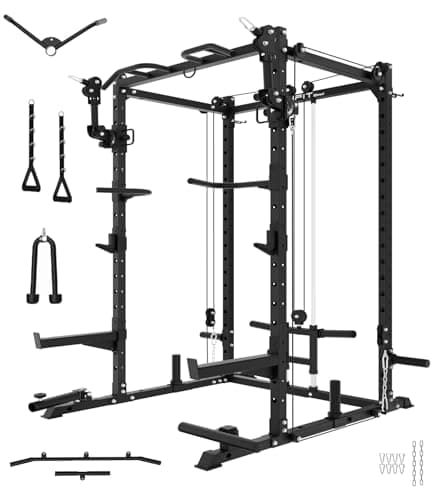 Eonfit E2 Power Cage - Multi-Functional Power Rack for Home Gym. 1500lb Squat Rack for Home Gym. Pulley System for Cable Crossover & LAT Pulldown (Black, PRO)