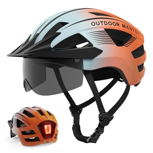OutdoorMaster Helmets for Adults - Mountain & Road Bike Helmet with Rechargeable LED Light, Detachable Goggles and Sun Visor - Easy to Adjust, Breathable, Lightweight - Gradient Blue Orange, Medium