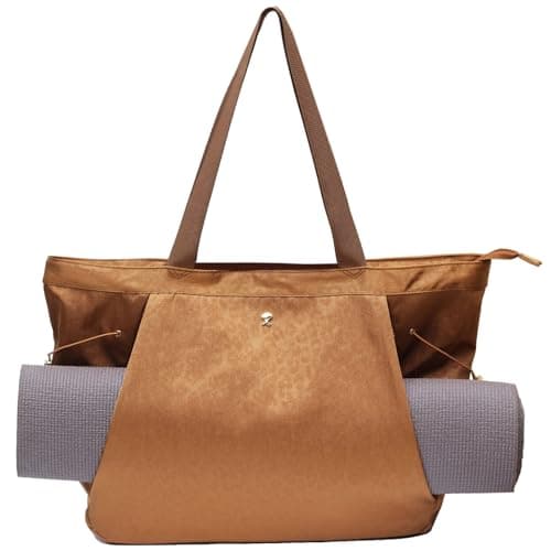 ESVAN Yoga Tote Bag for Women Shoulder Bags Drawstring for Office Workout Travel Carryall Pilates Gym and Beach (Nylon Golden)