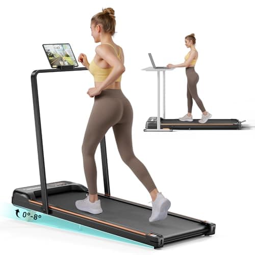 Abonow Portable Walking Pad with Handle Bar for Home & Office, 2 in 1 Under Desk Treadmill with 8% Incline, 2.5HP Small Foldable Compact Treadmills Walking Machine, LED Display, 265 LBS - Black