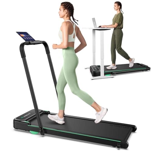 UREVO Strol 2E Smart 2-in-1 Folding Treadmill, Compact Walking Pad with Safety Handle, Plug and Play, Dual LED Display, Workout APP, Walking or Running for Home Office, Remote Included, Flaxen