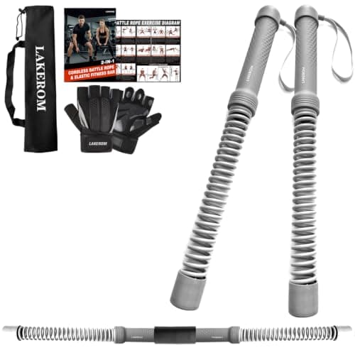 Ropeless Battle Ropes (2-in-1) Elatic Fitness Bar,Cordless Battle Ropes Sticks with Exercise Guide,Portable Home Gym Equipment for HIIT,Strength Low-Impact Workouts for Men & Women Grey
